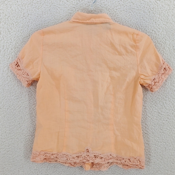 Edward Blouse M Peach Irish Linen Button Up SS Lace Embroidery Cottage Neutral - Picture 10 of 10